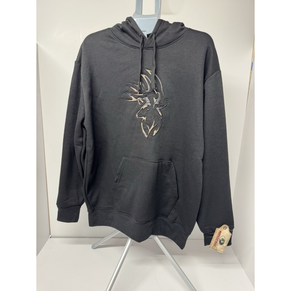 Mossy Oak Men's Black Camo Buck Deer Appliqué Pullover Hunting Hoodie NWT XL